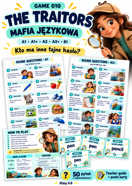 GRA The Traitors – Mafia językowa | Gra na angielski A1–B1 | 42 strony