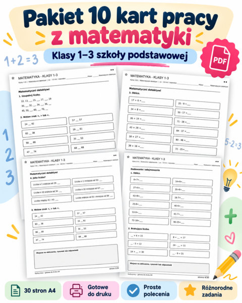 Pakiet 10 kart pracy z matematyki  każda po 3 strony!!! dla klas 1–3