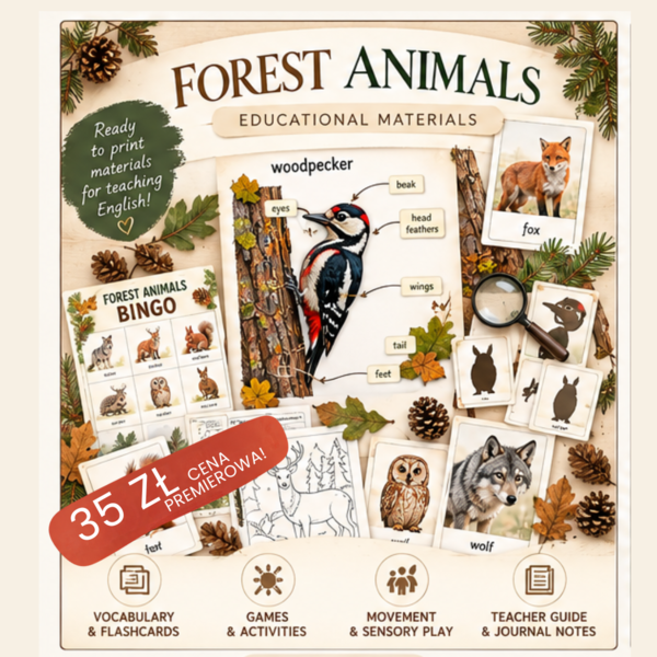FOREST ANIMALS IN POLISH  WOODS- kompletny pakiet do angielskiego.