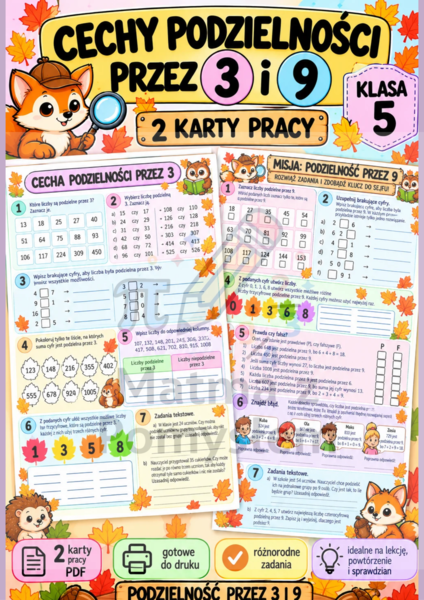 Cechy podzielności przez 3 i 9 – 2 karty pracy, matematyka klasa 5, PDF