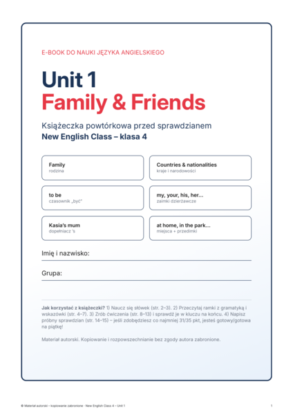 New English Class 4 – Unit 1 Family & Friends | klasa 4 | e-book 16 stron + klucz