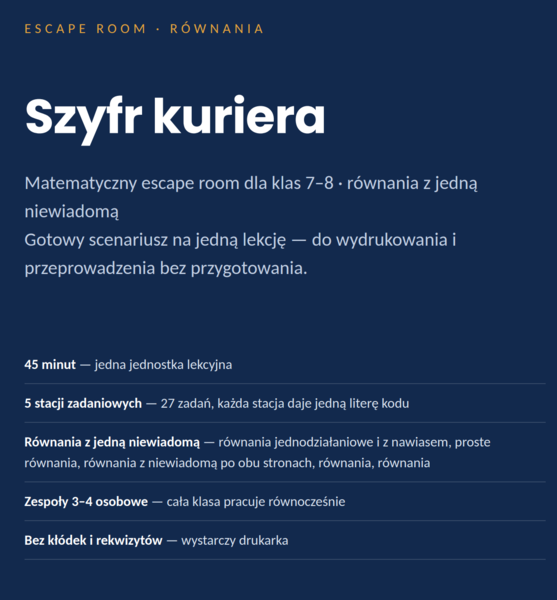 Escape room matematyczny: Szyfr kuriera — równania (klasy 7–8, PDF)