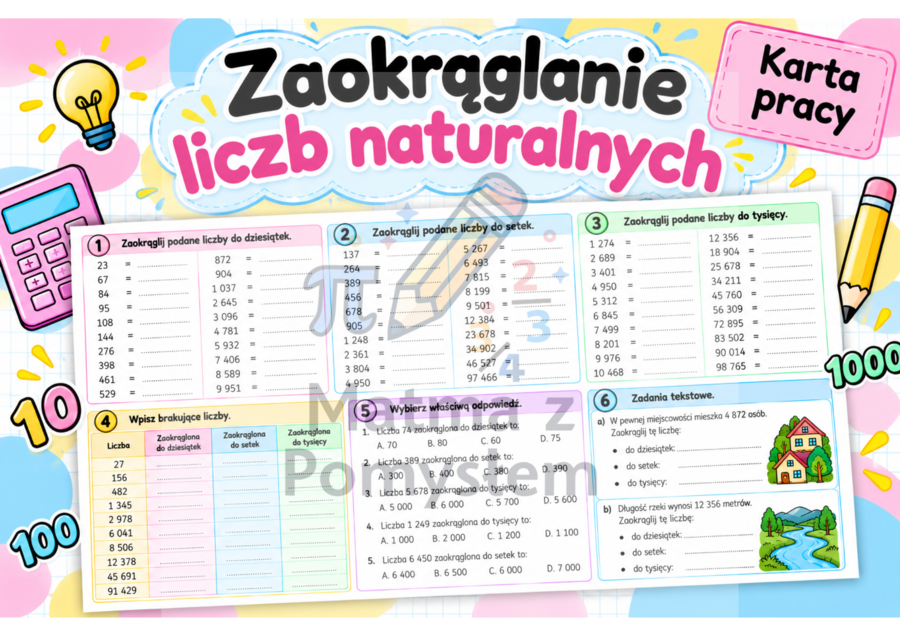 Zaokrąglanie liczb naturalnych – karta pracy