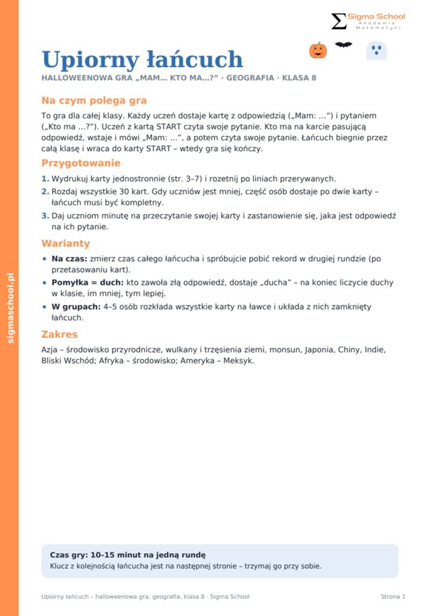 Halloween – Upiorny łańcuch – geografia, klasa 8