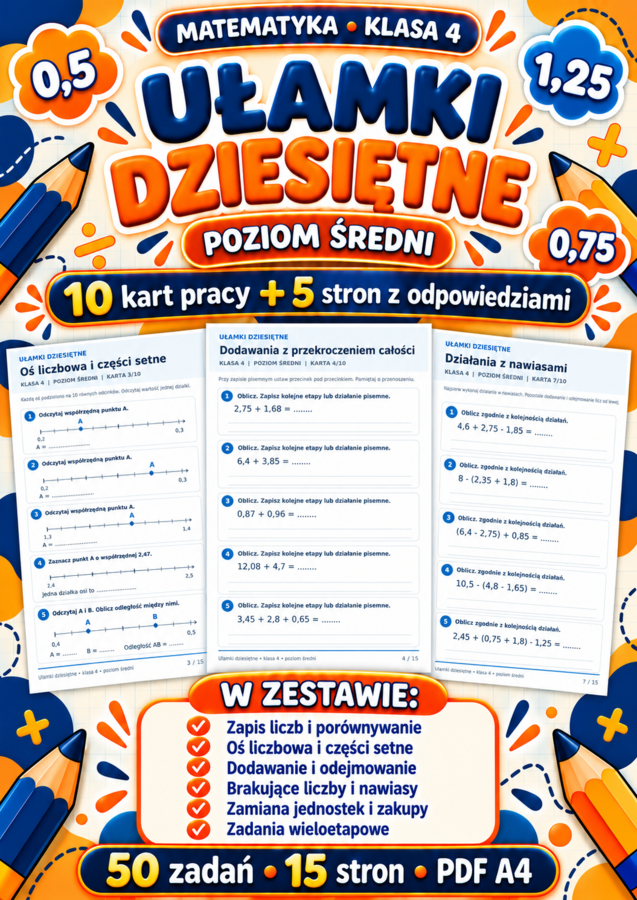 UŁAMKI  DZIESIĘTNE-ŚREDNIE-klasa 4