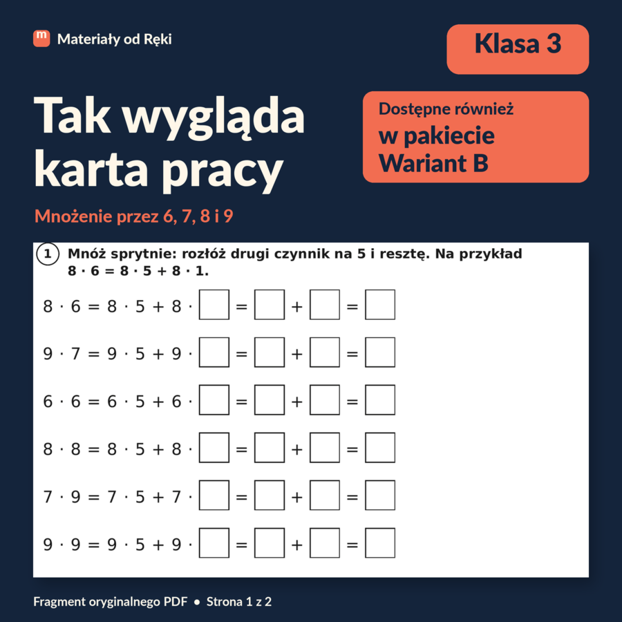 Mnożenie przez 6, 7, 8 i 9 - karta pracy z kluczem | Matematyka, klasa 3 | Wariant B