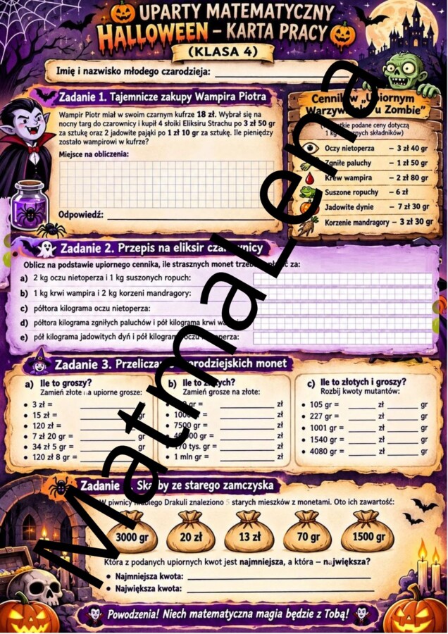 Karta pracy Haloween klasa 4 SP szkoła podstawowa  GWO 2. Jednostki monetarne - złote i grosze