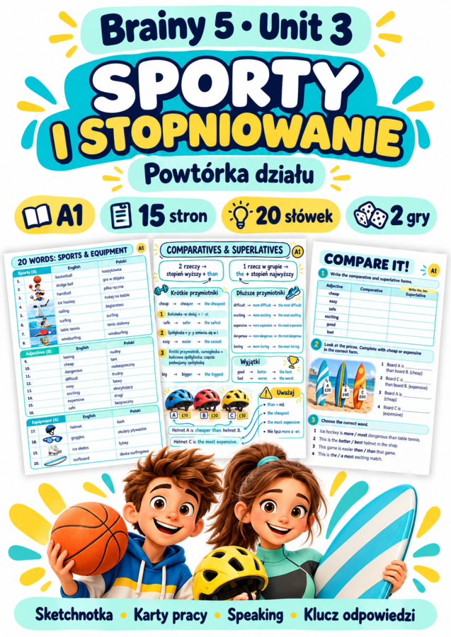 Brainy 5 Unit 3 — sporty i stopniowanie przymiotników | 15 stron, sketchnotka i 2 gry | A1