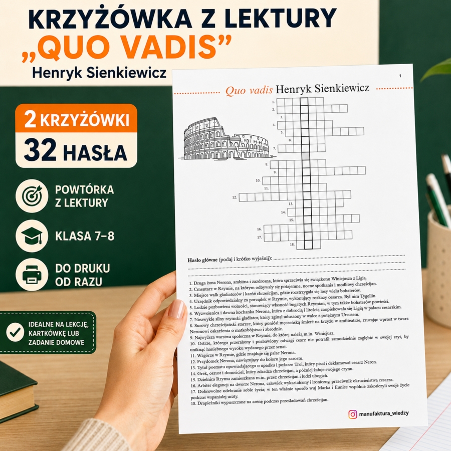Krzyżówka z lektury „Quo vadis” – karta pracy z odpowiedziami | Klasa 7–8 | powtórka, kartkówka, egzamin ósmoklasisty