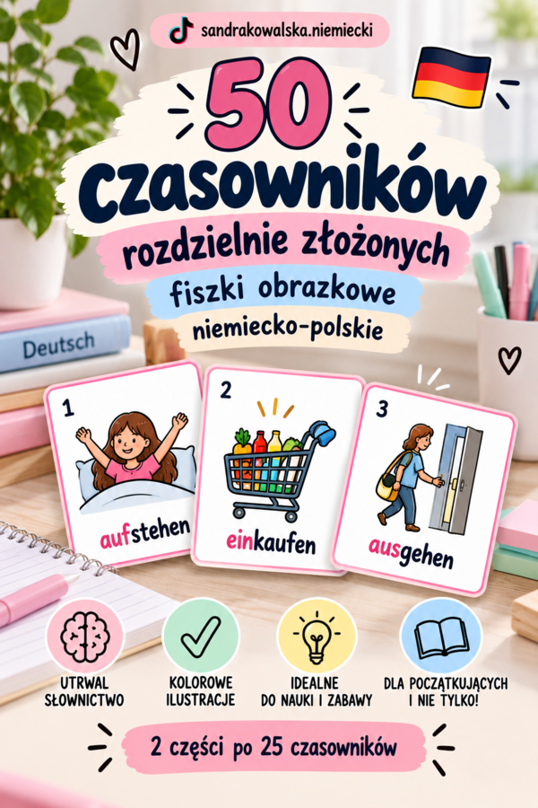 50 czasowników rozdzielnie złożonych – niemiecko-polskie fiszki obrazkowe