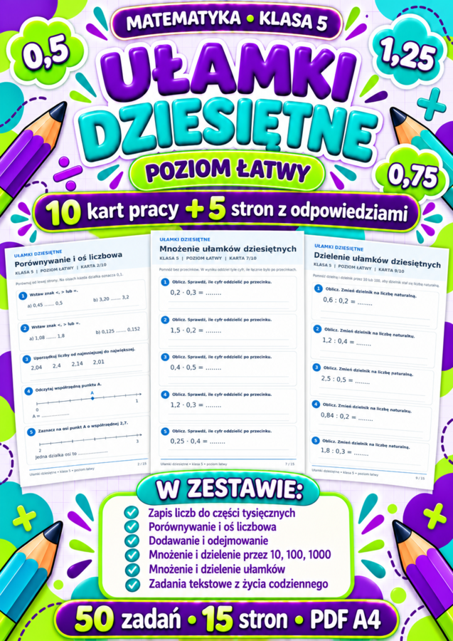 UŁAMKI  DZIESIĘTNE-ŁATWE-klasa 5