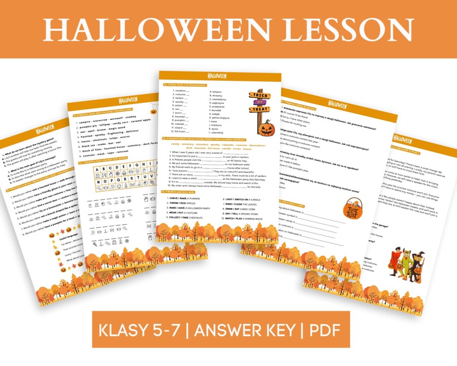 Halloween Lesson - lekcja z języka angielskiego | Klasy 5–7 | 9 zadań (vocab, reading, speaking) + klucz odpowiedzi | A2 - A2+