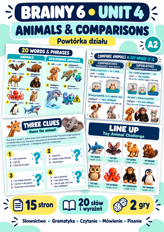 Brainy 6 Unit 4 — zwierzęta i porównania | 15 stron, sketchnotka i 2 gry