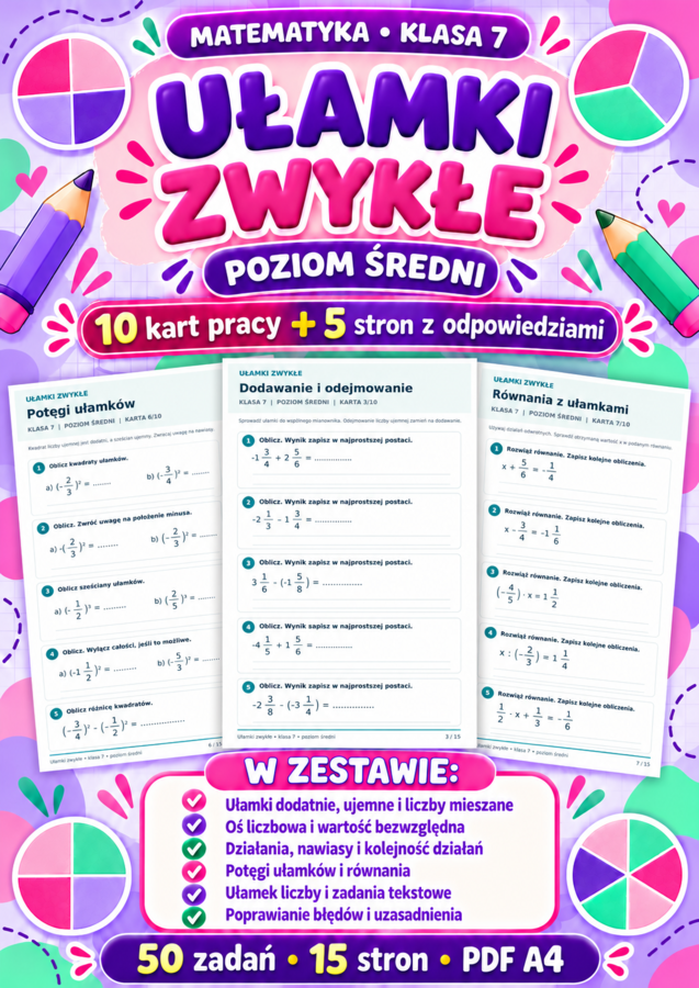 UŁAMKI  ZWYKŁE-ŚREDNIE-klasa 7