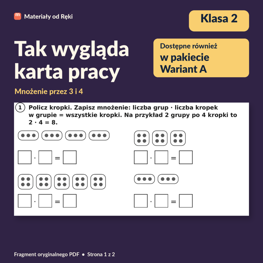 Mnożenie przez 3 i 4 - karta pracy z kluczem | Matematyka, klasa 2 | Wariant A