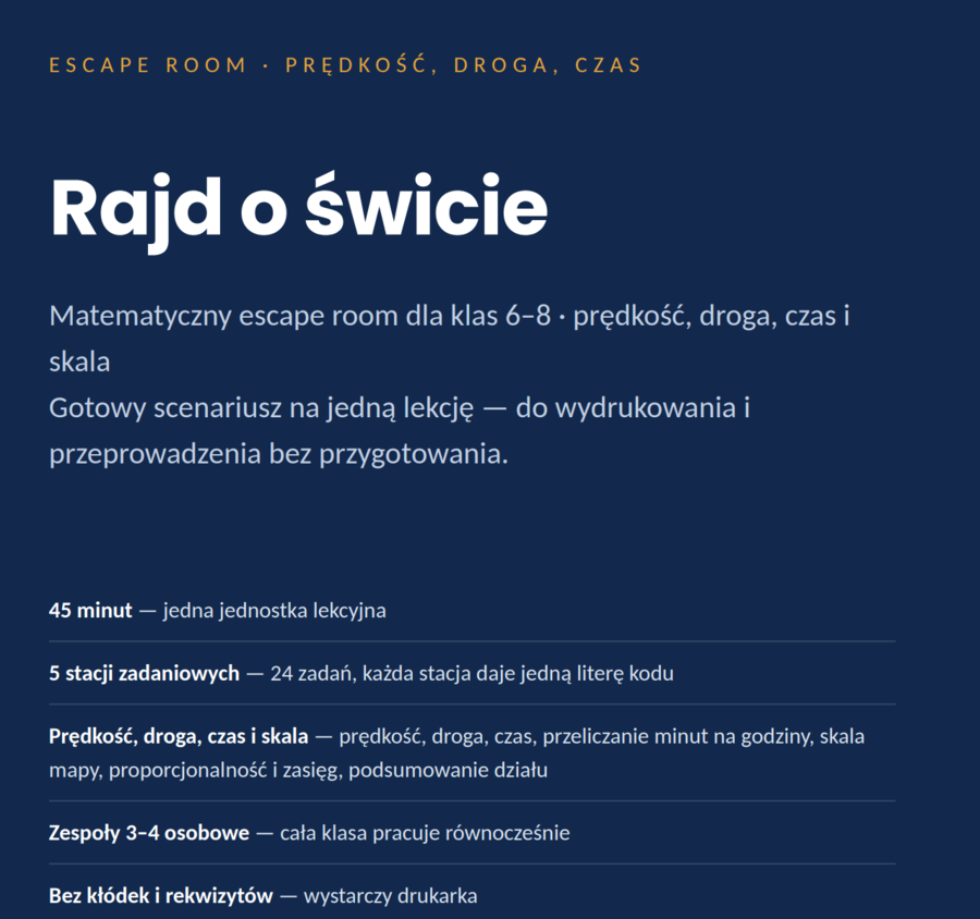 Escape room matematyczny: Rajd o świcie — prędkość, droga, czas (klasy 6–8, PDF)