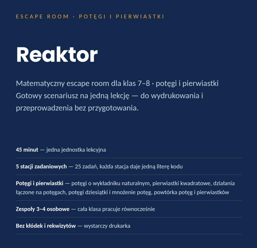 Escape room matematyczny: Reaktor — potęgi i pierwiastki (klasy 7–8, PDF)