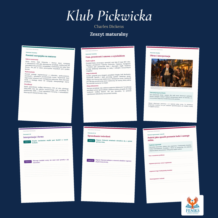 Klub Pickwicka — Charles Dickens | Zeszyt maturalny: szczegółowe omówienie, 66 zadań i tematów oraz klucz odpowiedzi
