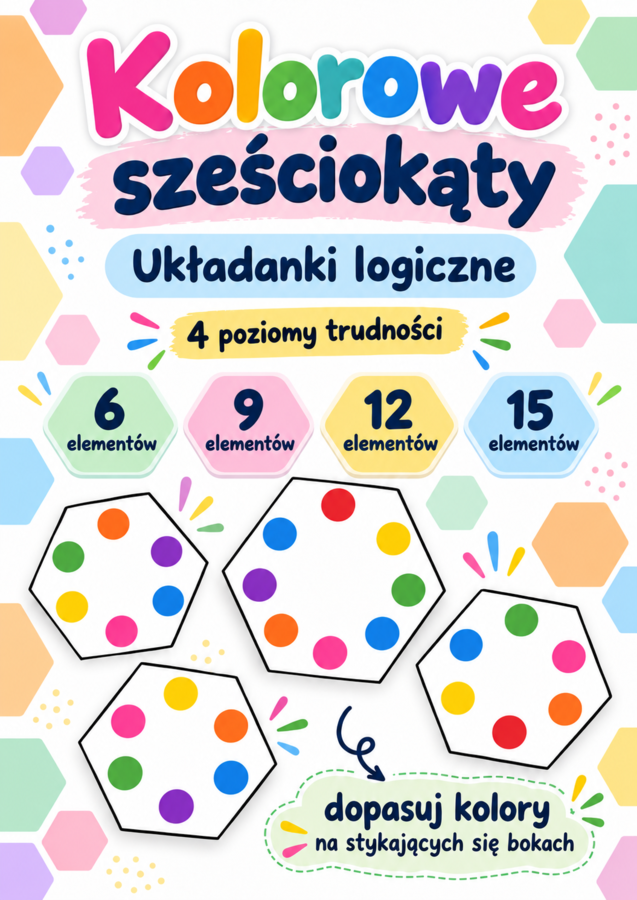 Kolorowe sześciokąty – układanki logiczne | 4 poziomy trudności