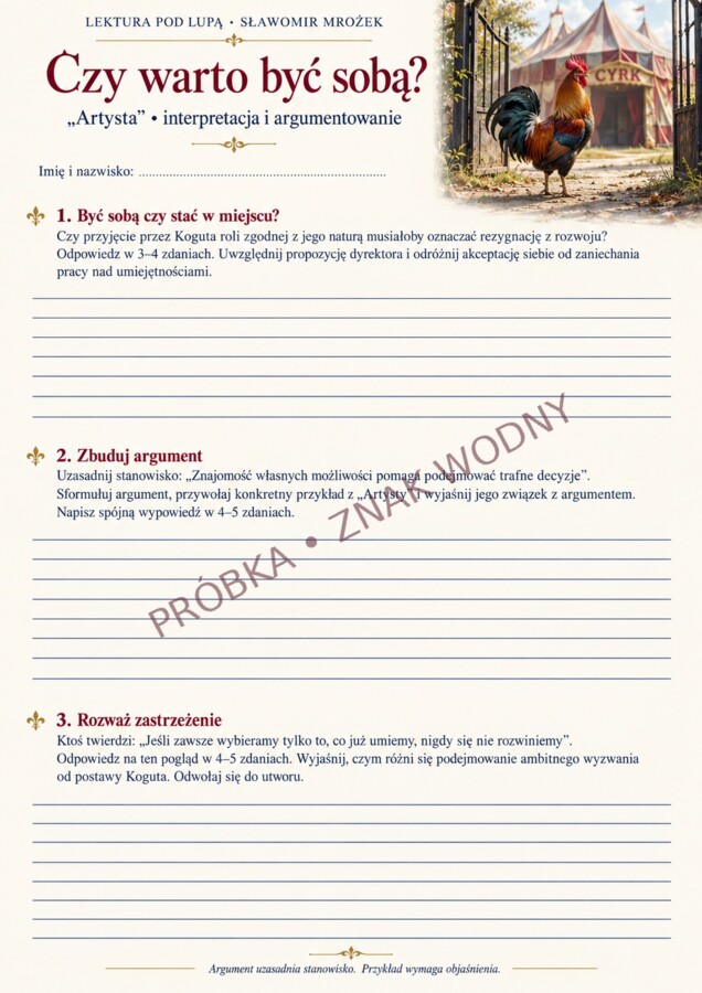 ARTYSTA — LEKTURA POD LUPĄ | Sławomir Mrożek | Karty pracy, test, wypracowanie i odpowiedzi dla klas VII–VIII