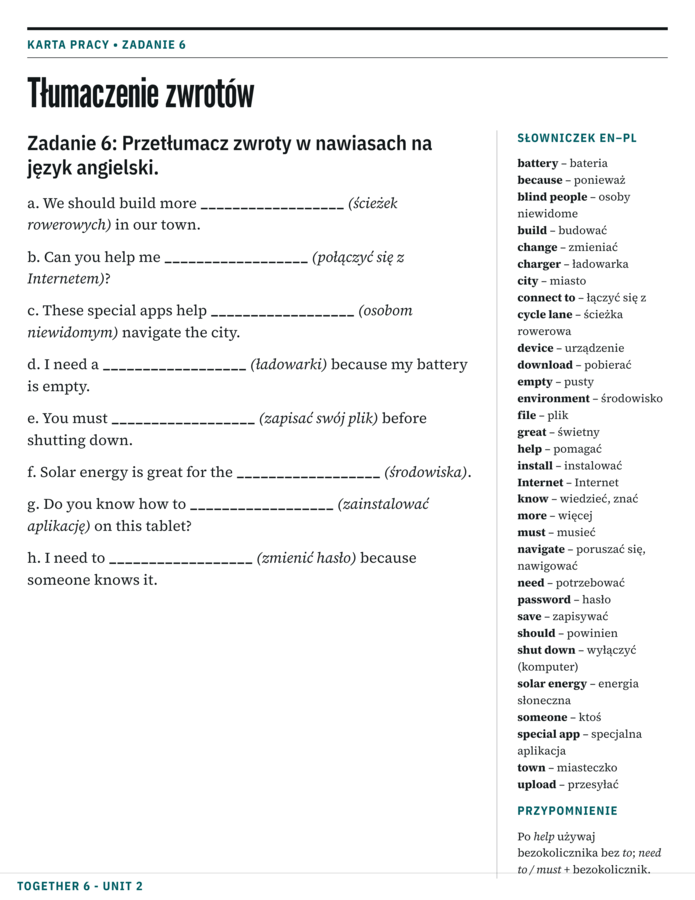 TOGETHER 6 – UNIT 2:  Pakiet  karty pracy,sprawdziany w 4 Poziomach + Wersja SPE