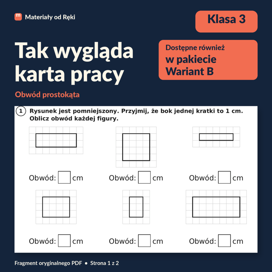 Obwód prostokąta i kwadratu - karta pracy z kluczem | Matematyka, klasa 3 | Wariant B