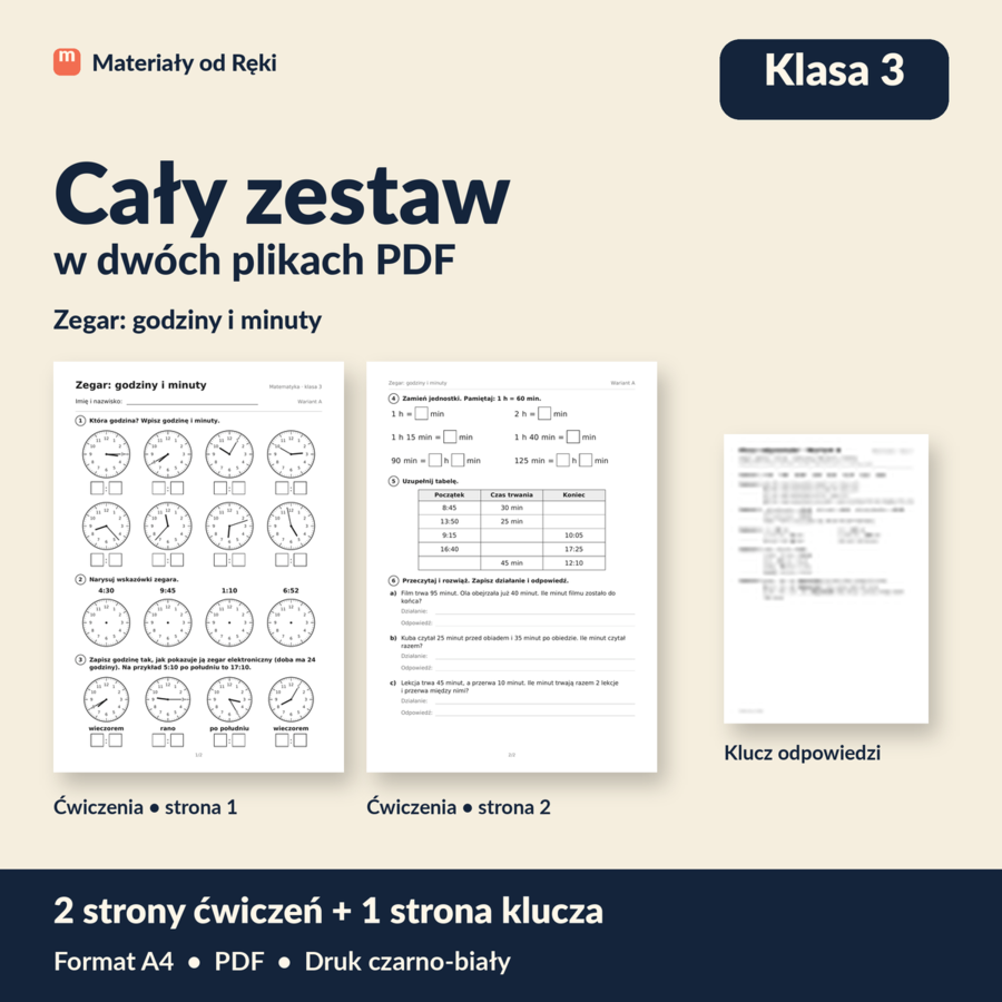 Zegar: godziny i minuty - karta pracy z kluczem | Matematyka, klasa 3 | Wariant A