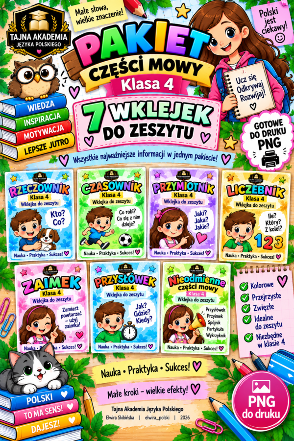 Pakiet części mowy – 7 wklejek do zeszytu | Klasa 4 | Tajna Akademia Języka Polskiego | PNG