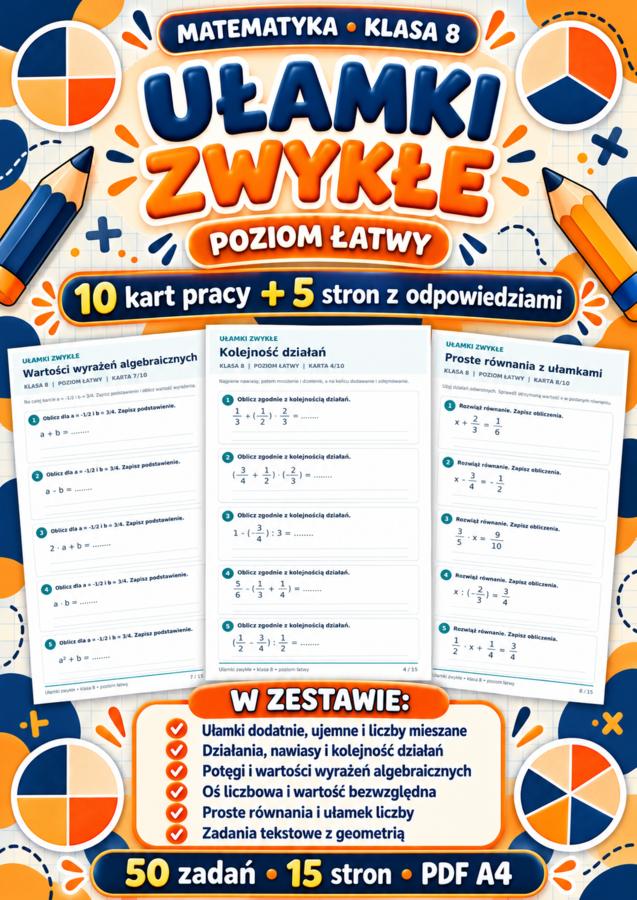 UŁAMKI  ZWYKŁE-ŁATWE-klasa 8