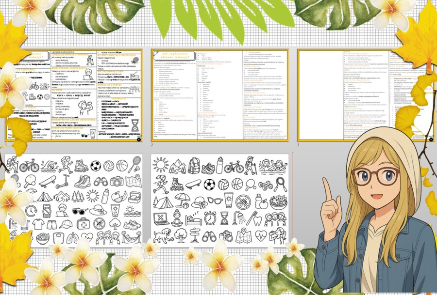 Sketchnotka/notatka dla ucznia i osobna notatka jako przypomnienie dla nauczyciela w pdf. Temat " Jak zaplanować aktywne wakacje?". Edukacja zdrowotna. Klasa 4.