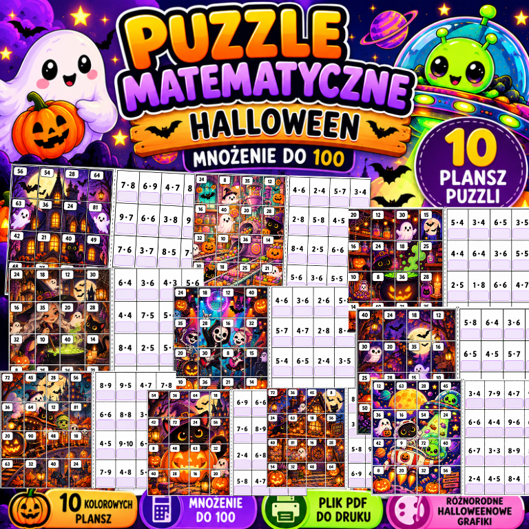 Halloween Puzzle matematyczne  – 10 plansz | Tabliczka mnożenia do 100 | PDF do druku