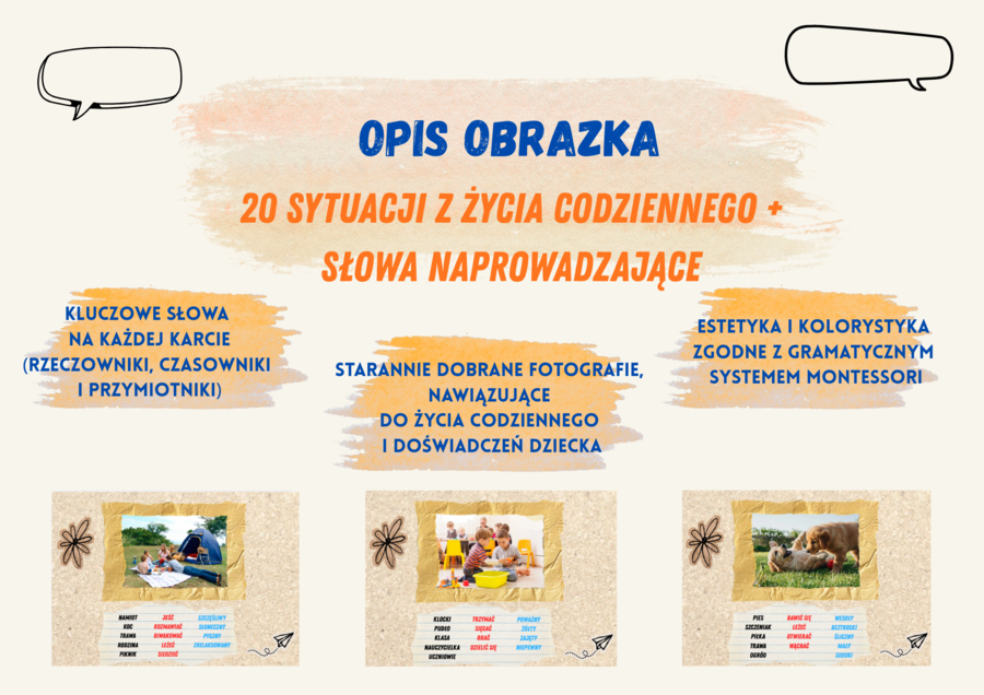 Opis obrazka - karty do rozgadania (język polski / terapia / polski jako język obcy)