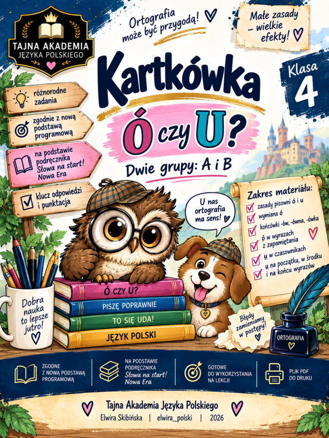 Kartkówka „Ó czy U?” | Klasa 4 | 2 grupy A i B | Tajna Akademia Języka Polskiego | PDF
