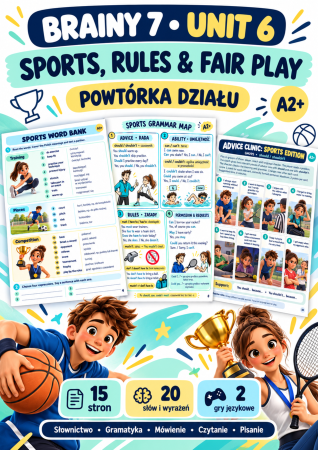 Brainy 7 Unit 6 – Sport i czasowniki modalne | Powtórka A2+ | 15 stron
