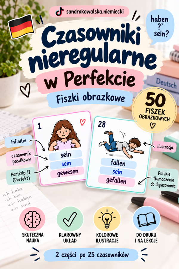 Czasowniki nieregularne w Perfekcie – 50 fiszek obrazkowych