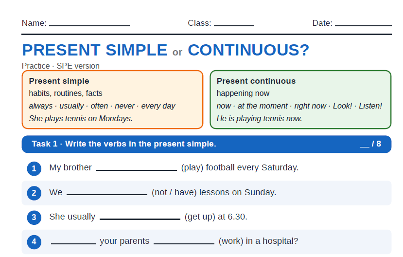 Present Simple vs. Present Continuous- karty pracy (standard i SPE)