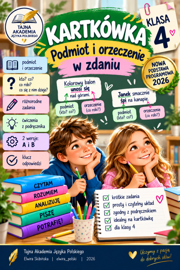 Kartkówka – Podmiot i orzeczenie w zdaniu | Klasa 4 | Nowa podstawa 2026