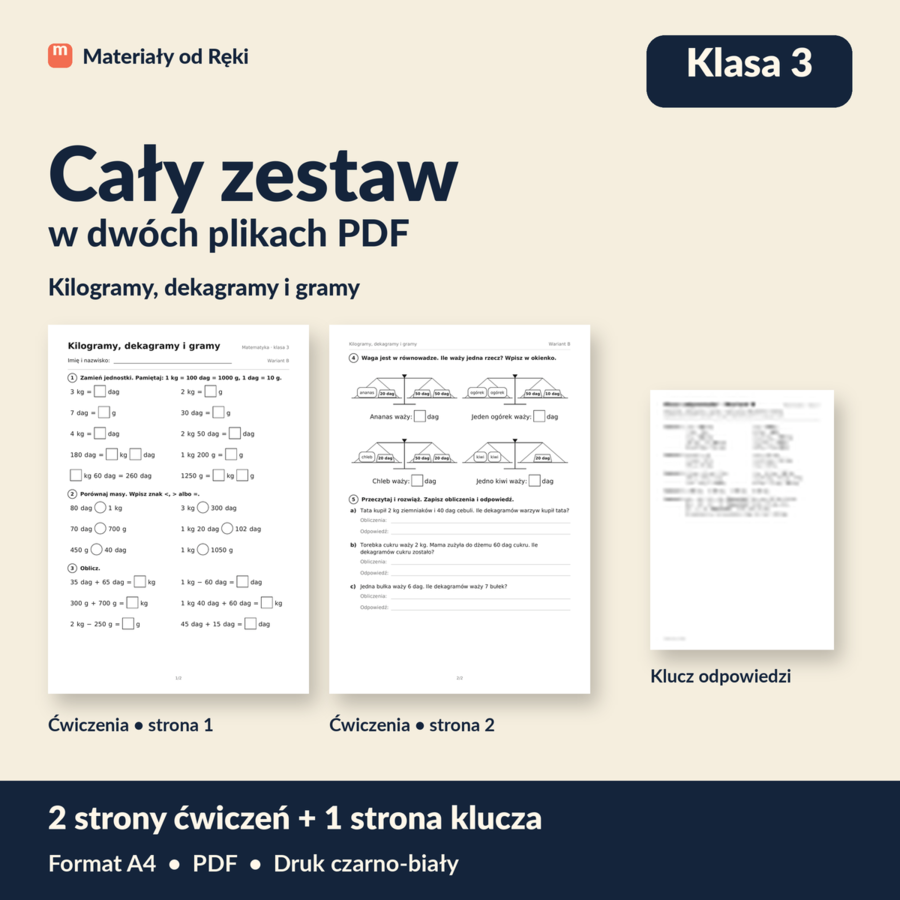 Masa: kilogramy, dekagramy i gramy - karta pracy z kluczem | Matematyka, klasa 3 | Wariant B