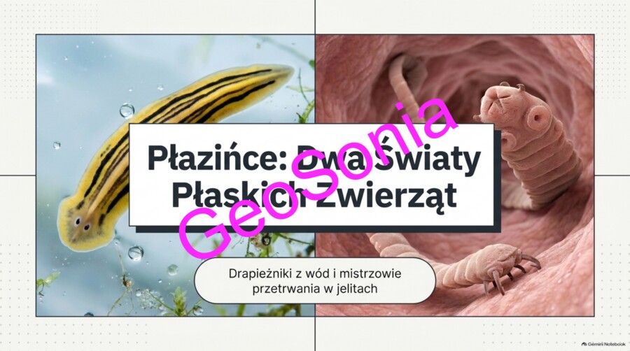 „Płazińce: Dwa Światy Płaskich Zwierząt – Drapieżniki z wód i mistrzowie przetrwania w jelitach” – Prezentacja Multimedialna (Biologia, Klasa 6)
