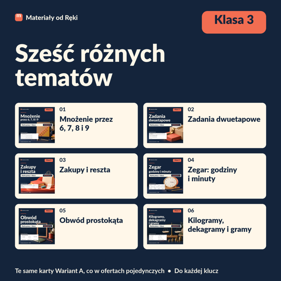 Matematyka klasa 3 - 6 tematów, 6 kart pracy z kluczami | Pakiet Wariant A