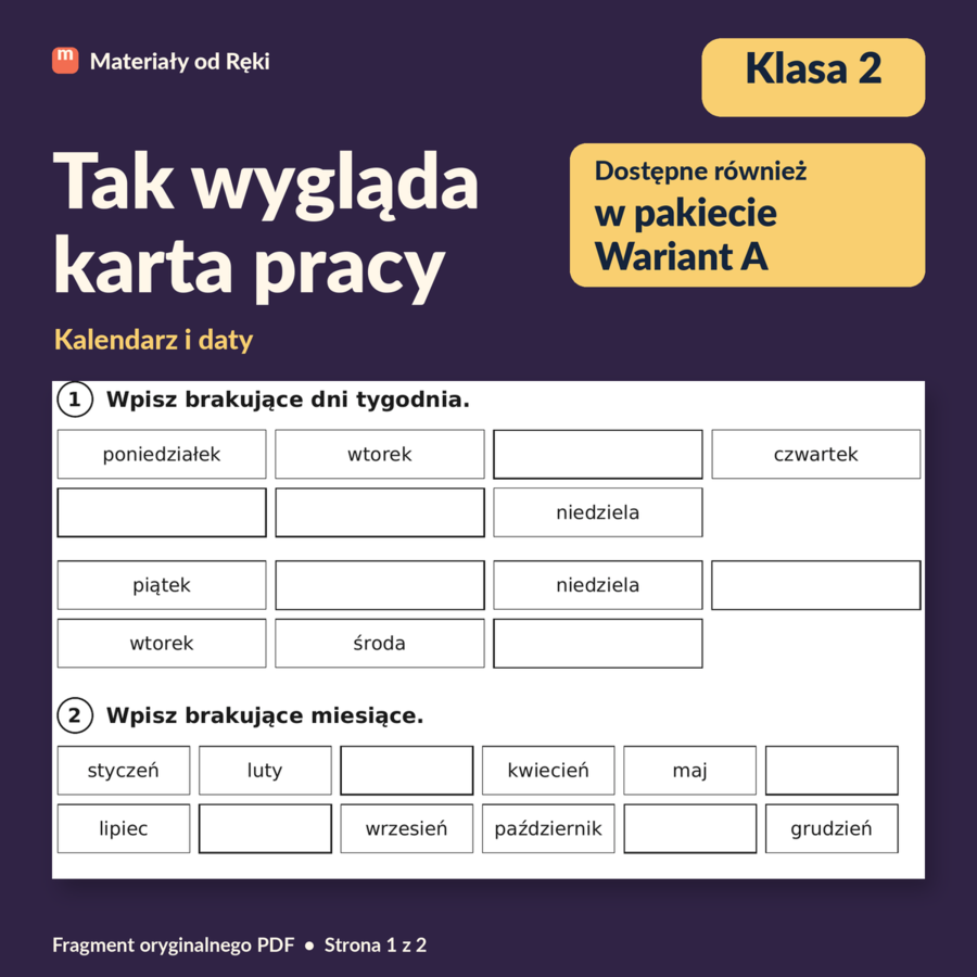 Kalendarz: dni tygodnia, miesiące i daty - karta pracy z kluczem | Matematyka, klasa 2 | Wariant A