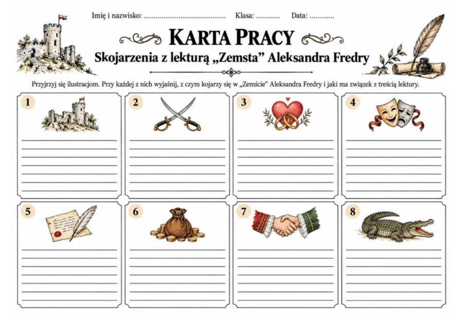 SKOJARZENIA Z LEKTURAMI – 33 KARTY PRACY DLA KLAS 4–8 + KLUCZ ODPOWIEDZI