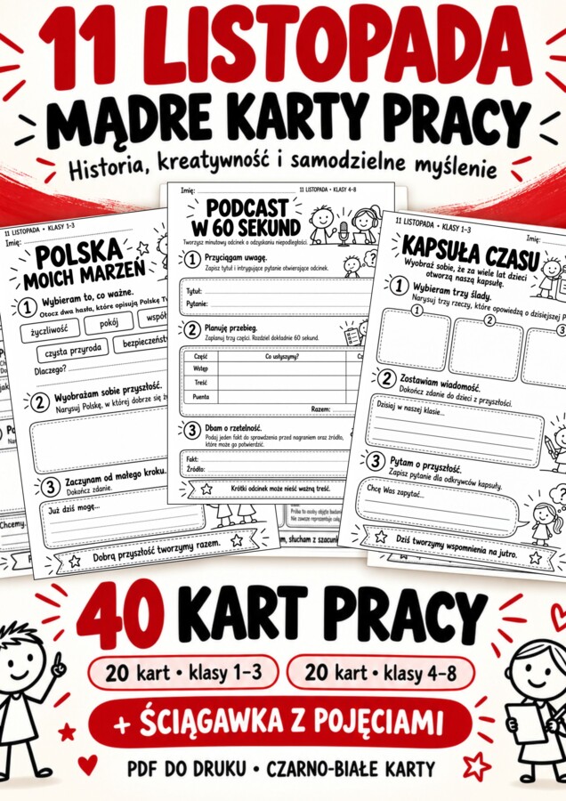 11 LISTOPADA - MĄDRE KARTY PRACY DLA KLAS 1-8!
