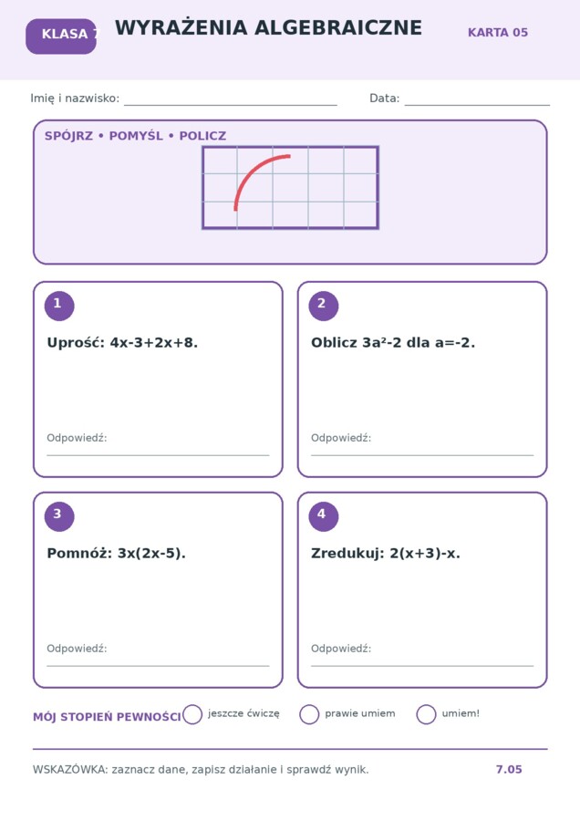 Matematyka – klasa 7 | 12 graficznych kart pracy + klucz odpowiedzi