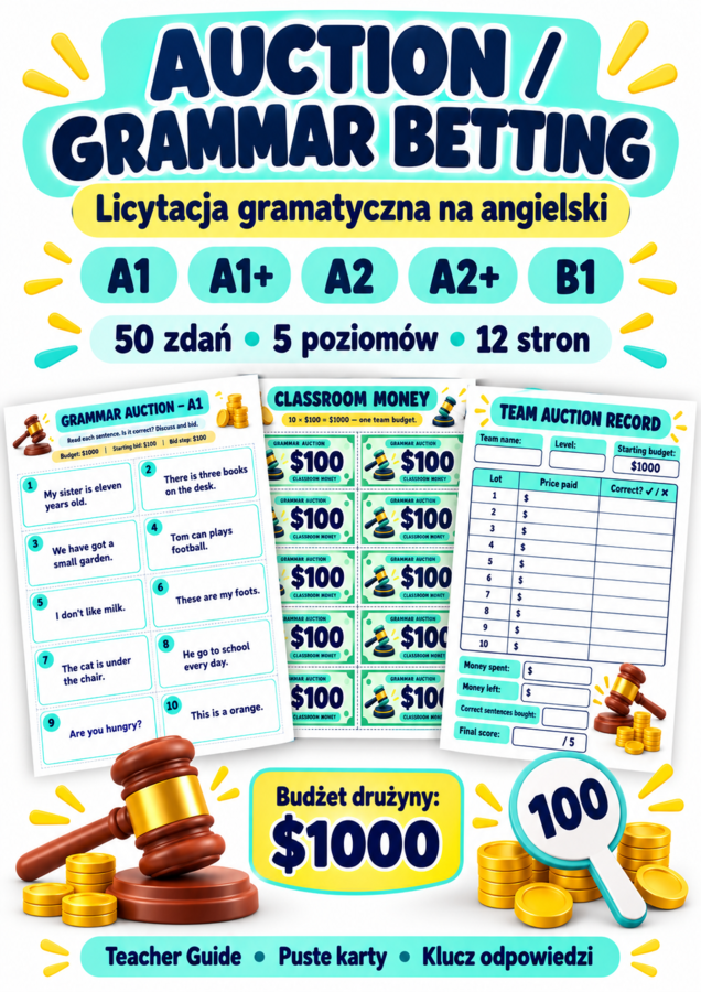 GRA Auction / Grammar Betting – licytacja gramatyczna | Gra na angielski A1–B1