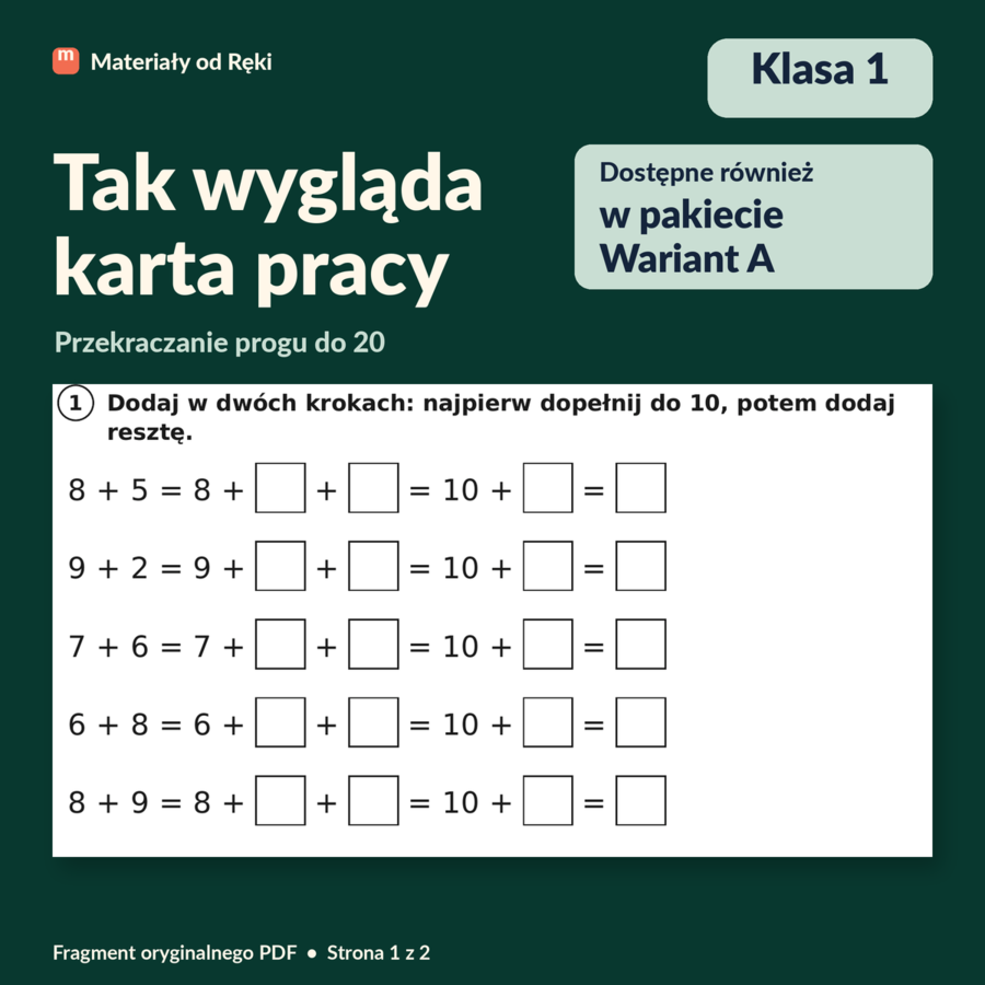 Przekraczanie progu dziesiątkowego do 20 - karta pracy z kluczem | Matematyka, klasa 1 | Wariant A