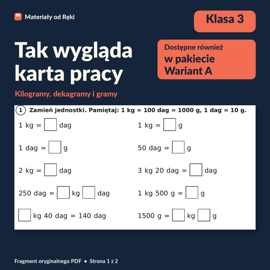 Masa: kilogramy, dekagramy i gramy - karta pracy z kluczem | Matematyka, klasa 3 | Wariant A