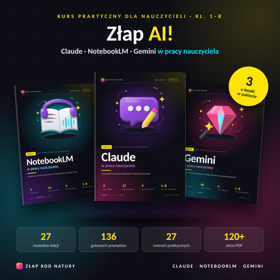 Złap AI! Kurs AI dla nauczycieli – pakiet 3 e-booków: Claude, NotebookLM, Gemini (kl. 1–8)