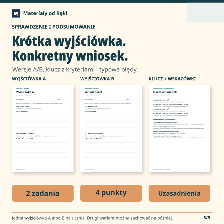 Notacja wykładnicza - 6 wyzwań, arkusze A/B i wyjściówki | klasa 7