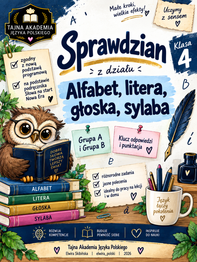 KARTKÓWKA/SPRAWDZIAN – Alfabet, litera, głoska, sylaba | Klasa 4 | 2 grupy A/B | Słowa na start! | Nowa Era